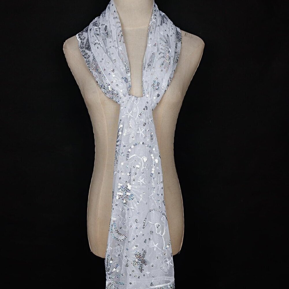 Women's Silver Sequin Mesh Wrap Scarf Shawl Evening Party Wrap 80 Characters - Picture 3 of 9